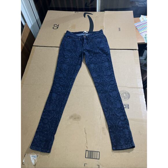 Eileen Fisher Blue Ikat Denim Jeans Size 4, Dark Wash Skinny Boho Damask Pattern - Picture 1 of 8